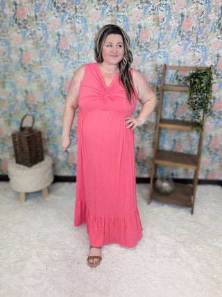 Piper Knotted Front Maxi Dress in Coral Pink-11- Dress/Romp/Jump-EMERALD-Styled by Stacked - A Plus Size Women's Boutique in Lakeville, MN