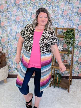 Gidget Short Sleeve Cardigan in Leopard + Stripes