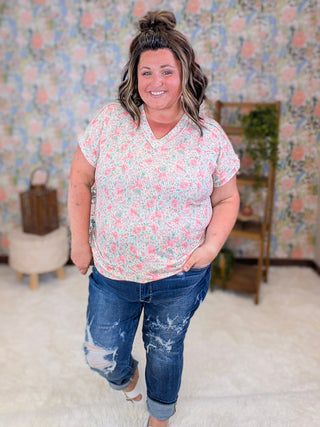 Freya Ribbed Vneck Top in Mint Floral