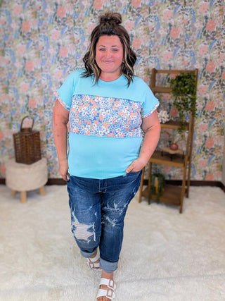 Leah Short Sleeve Floral Block Top in Aqua Mint