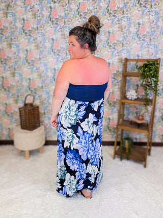 Lorie Strapless Floral Maxi Dress in Navy