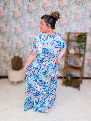 Jessa Surplice Maxi Dress in Aqua Painted Leaf