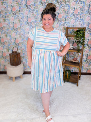 Macy Aqua Multi Stripe Short Sleeve Dress
