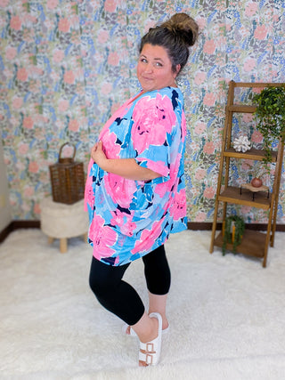 Kaitlyn Slinky Open Cardi in Bold Aqua + Pink Floral