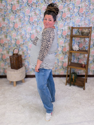 Denise 3/4 Sleeve Raglan in Stripe + Leopard