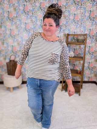 Denise 3/4 Sleeve Raglan in Stripe + Leopard