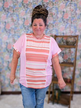 Tina Striped Short Sleeve Top in Pink Mix