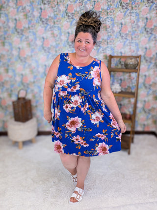 Kyla Babydoll Tank Dress in Royal Blue Floral