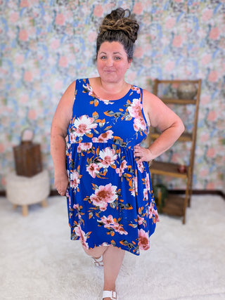 Kyla Babydoll Tank Dress in Royal Blue Floral