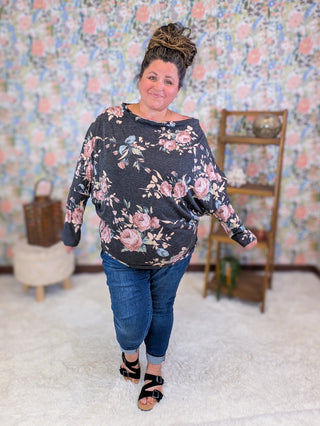 Liza Slouchy Off Shoulder Top in Faded Black Floral