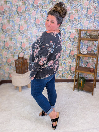 Liza Slouchy Off Shoulder Top in Faded Black Floral