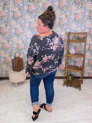 Liza Slouchy Off Shoulder Top in Faded Black Floral