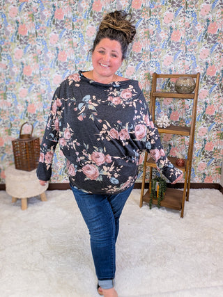 Liza Slouchy Off Shoulder Top in Faded Black Floral