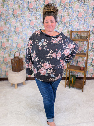Liza Slouchy Off Shoulder Top in Faded Black Floral