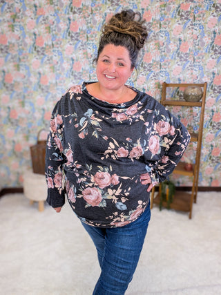 Liza Slouchy Off Shoulder Top in Faded Black Floral