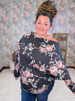 Liza Slouchy Off Shoulder Top in Faded Black Floral