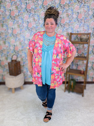 Harmony Short Sleeve Cardigan in Magenta Floral