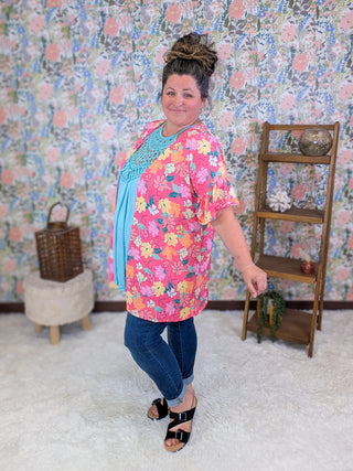 Harmony Short Sleeve Cardigan in Magenta Floral
