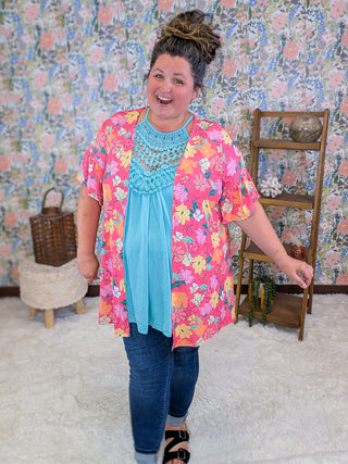 Harmony Short Sleeve Cardigan in Magenta Floral