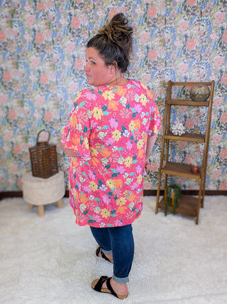 Harmony Short Sleeve Cardigan in Magenta Floral