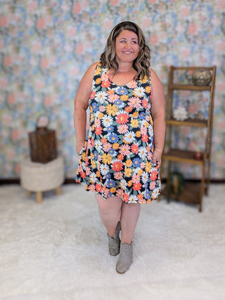 Cara Tank Dress in Black Boho Daisies