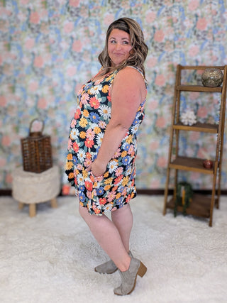 Cara Tank Dress in Black Boho Daisies
