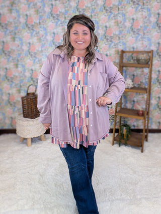 Mollie Scuba Knit Buttondown Top in Dusty Purple