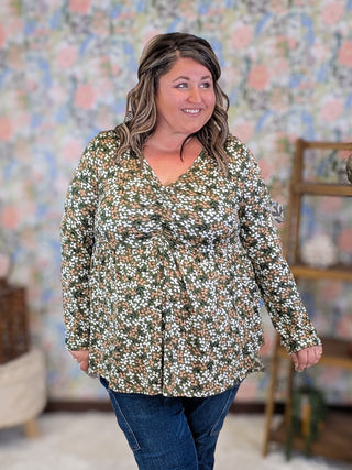 Gemma Cinched Babydoll in Neutral Floral on Olive