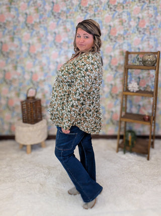 Gemma Cinched Babydoll in Neutral Floral on Olive