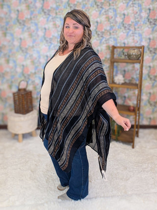 Bria Striped Kimono in Black, Brown, Taupe + Gray