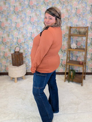 Charlotte Waffle Knit Long Sleeve w/Lace Top