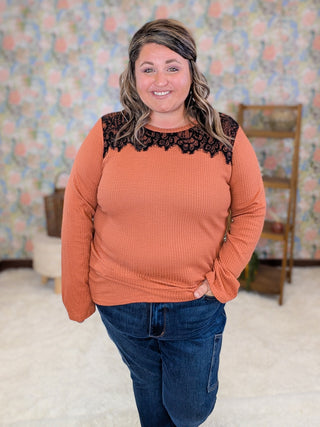 Charlotte Waffle Knit Long Sleeve w/Lace Top