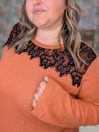 Charlotte Waffle Knit Long Sleeve w/Lace Top
