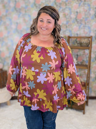 Annette U-Neck Retro Floral Babydoll in Warm Cocoa