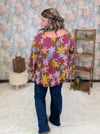 Annette U-Neck Retro Floral Babydoll in Warm Cocoa