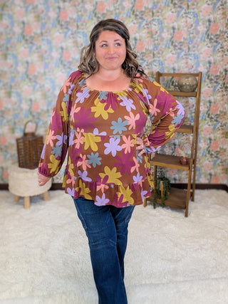 Annette U-Neck Retro Floral Babydoll in Warm Cocoa