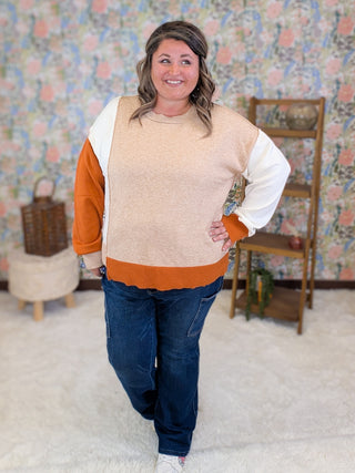 Rowena Asymmetrical Colorblock Sweater in Taupe + Rust Orange