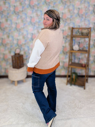 Rowena Asymmetrical Colorblock Sweater in Taupe + Rust Orange
