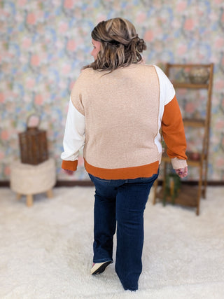 Rowena Asymmetrical Colorblock Sweater in Taupe + Rust Orange