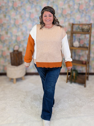 Rowena Asymmetrical Colorblock Sweater in Taupe + Rust Orange