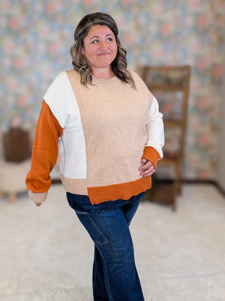 Rowena Asymmetrical Colorblock Sweater in Taupe + Rust Orange