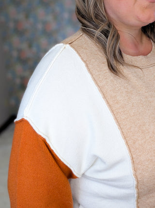 Rowena Asymmetrical Colorblock Sweater in Taupe + Rust Orange