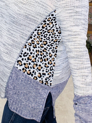 Heidi Patchwork Style Top in Gray + Navy w/Animal Accent