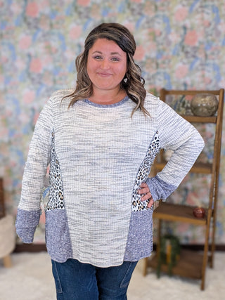 Heidi Patchwork Style Top in Gray + Navy w/Animal Accent