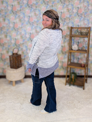 Heidi Patchwork Style Top in Gray + Navy w/Animal Accent