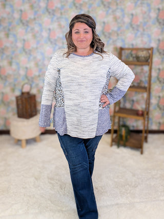 Heidi Patchwork Style Top in Gray + Navy w/Animal Accent