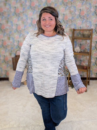 Heidi Patchwork Style Top in Gray + Navy w/Animal Accent