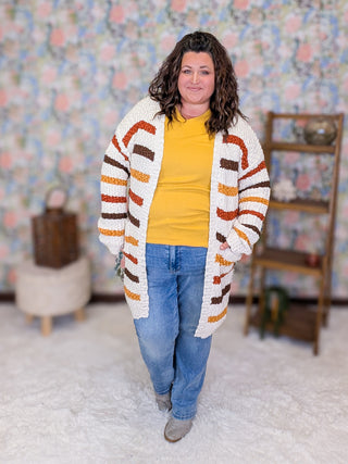 Dorothy Luxe Popcorn Cardigan w/Pockets in Fall Stripes