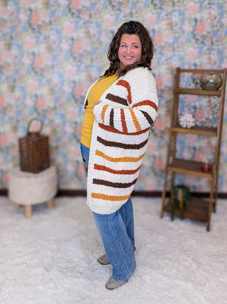 Dorothy Luxe Popcorn Cardigan w/Pockets in Fall Stripes