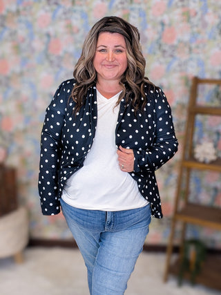 Desi Stretch Open Blazer in Dark Navy Polka Dots